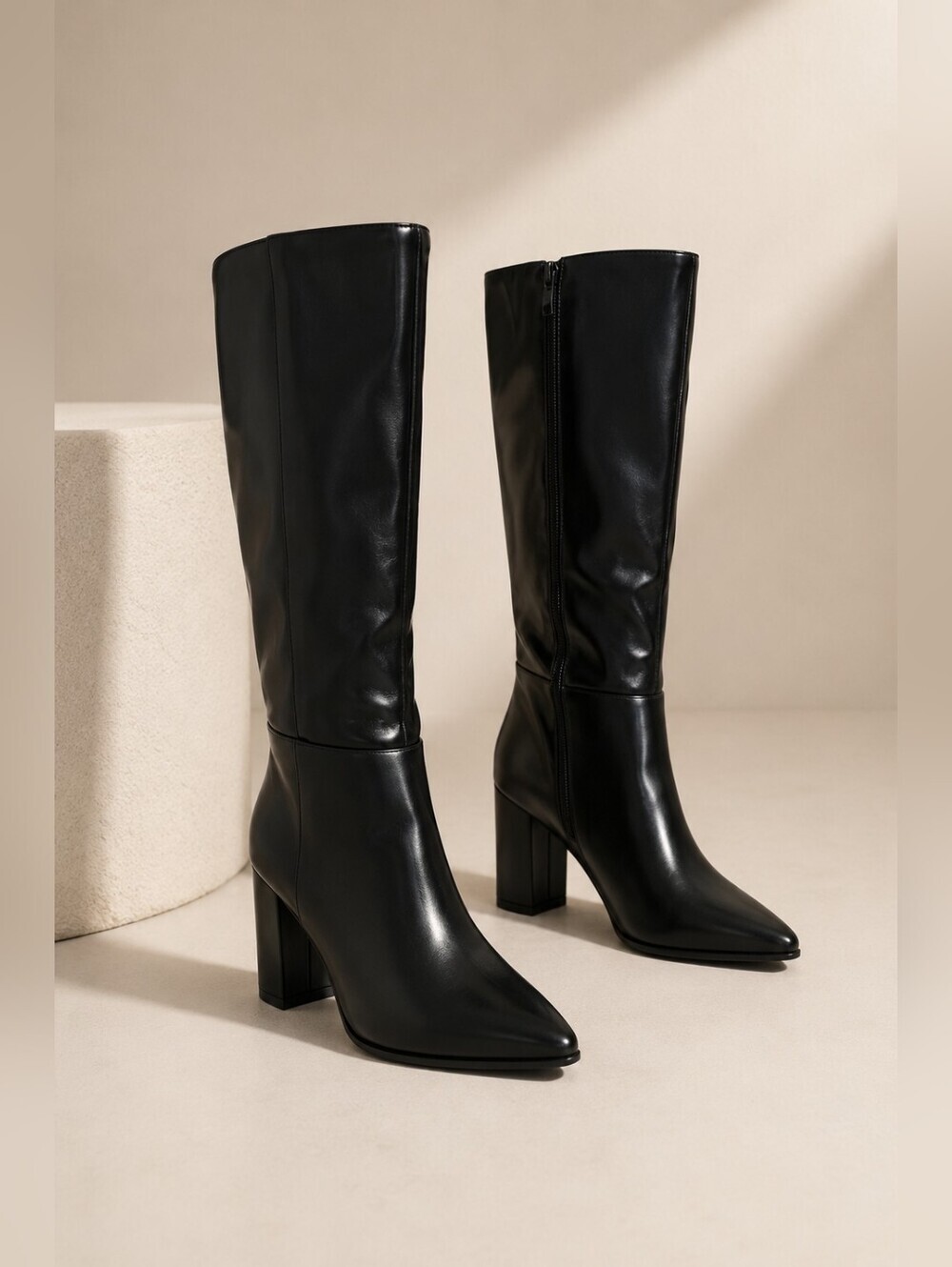 Shoe N Tale Black Knee High Block Heel Boots Size 9.5 Pointed Toe - Picture 6 of 8